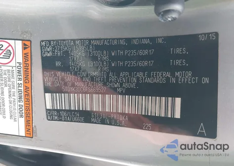 2015 Toyota Sienna Xle 8 Passenger z USA, uszkodzony, nr VIN 5TDYK3DC6FS669527